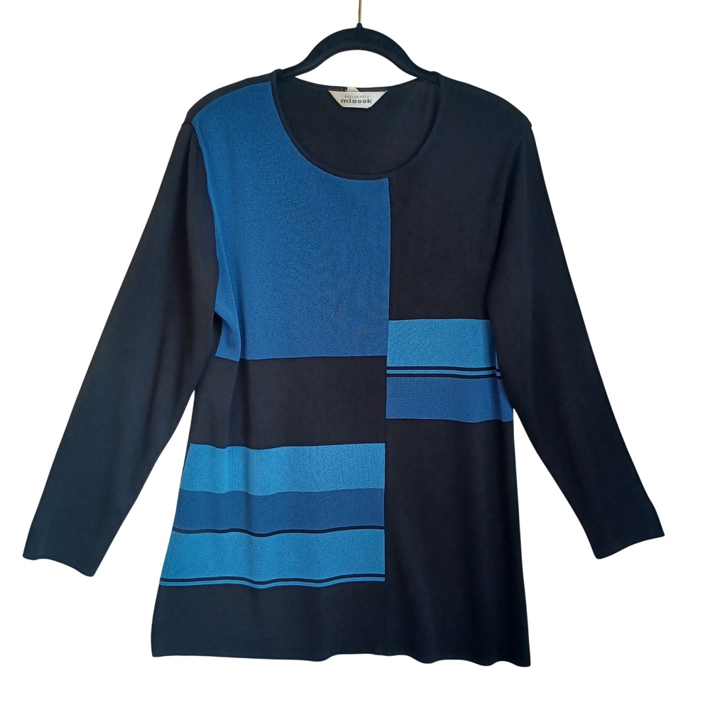 Misook Womens Blue Black Colorblock Knit Tunic Top Long Sleeve Size L